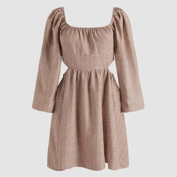 Cider Check Pattern Cut Out Long Sleeve  Dress Cream Brown Sz XS - Picture 1 of 9